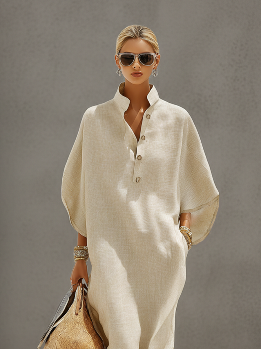 Women’s Oatmeal Linen Cotton Maxi Dress – Relaxed Fit Mandarin Collar Resort Casual Summer Dress
