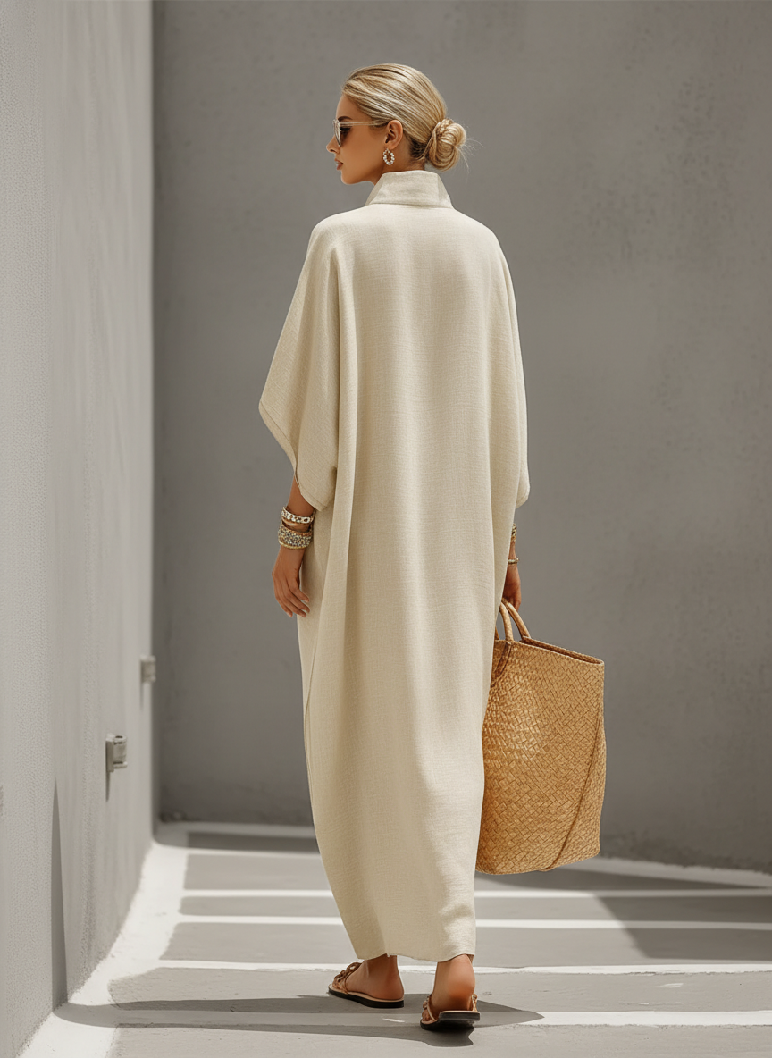 Women’s Oatmeal Linen Cotton Maxi Dress – Relaxed Fit Mandarin Collar Resort Casual Summer Dress