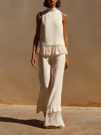 Women’s Off-White Linen Halter Neck 2-Piece Set – Elegant Lace Trim Wide Leg Resort Outfit