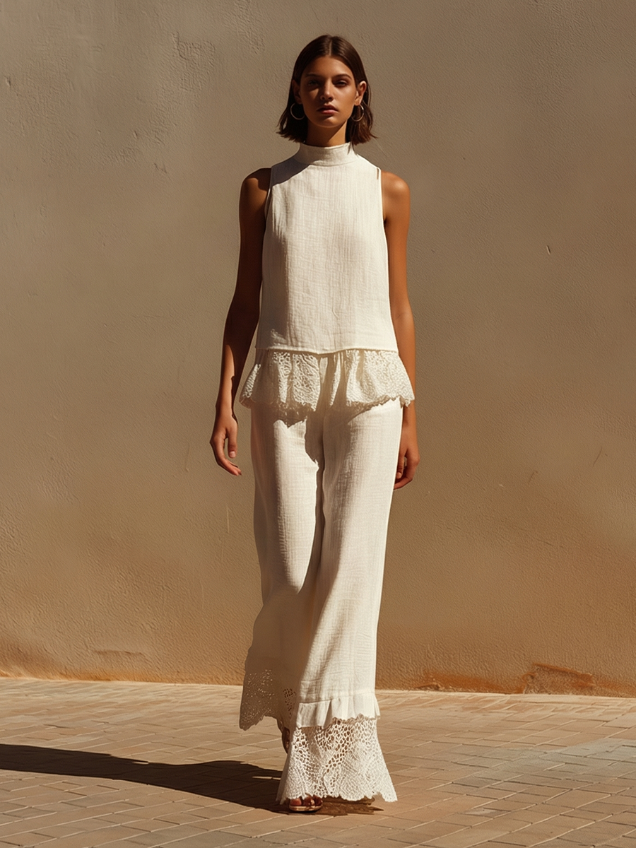 Women’s Off-White Linen Halter Neck 2-Piece Set – Elegant Lace Trim Wide Leg Resort Outfit