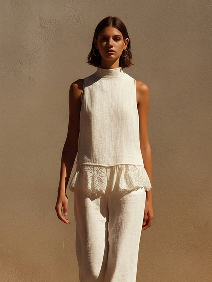 Women’s Off-White Linen Halter Neck 2-Piece Set – Elegant Lace Trim Wide Leg Resort Outfit