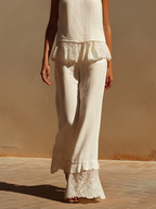 Women’s Off-White Linen Halter Neck 2-Piece Set – Elegant Lace Trim Wide Leg Resort Outfit
