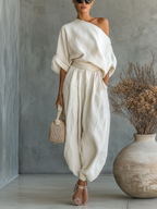 Women’s Off-White Linen Off-Shoulder 2-Piece Set – Relaxed Long Sleeve Top & Tapered Pants Casual Chic Outfit