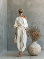 Women’s Off-White Linen Off-Shoulder 2-Piece Set – Relaxed Long Sleeve Top & Tapered Pants Casual Chic Outfit