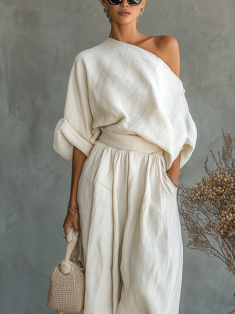 Women’s Off-White Linen Off-Shoulder 2-Piece Set – Relaxed Long Sleeve Top & Tapered Pants Casual Chic Outfit
