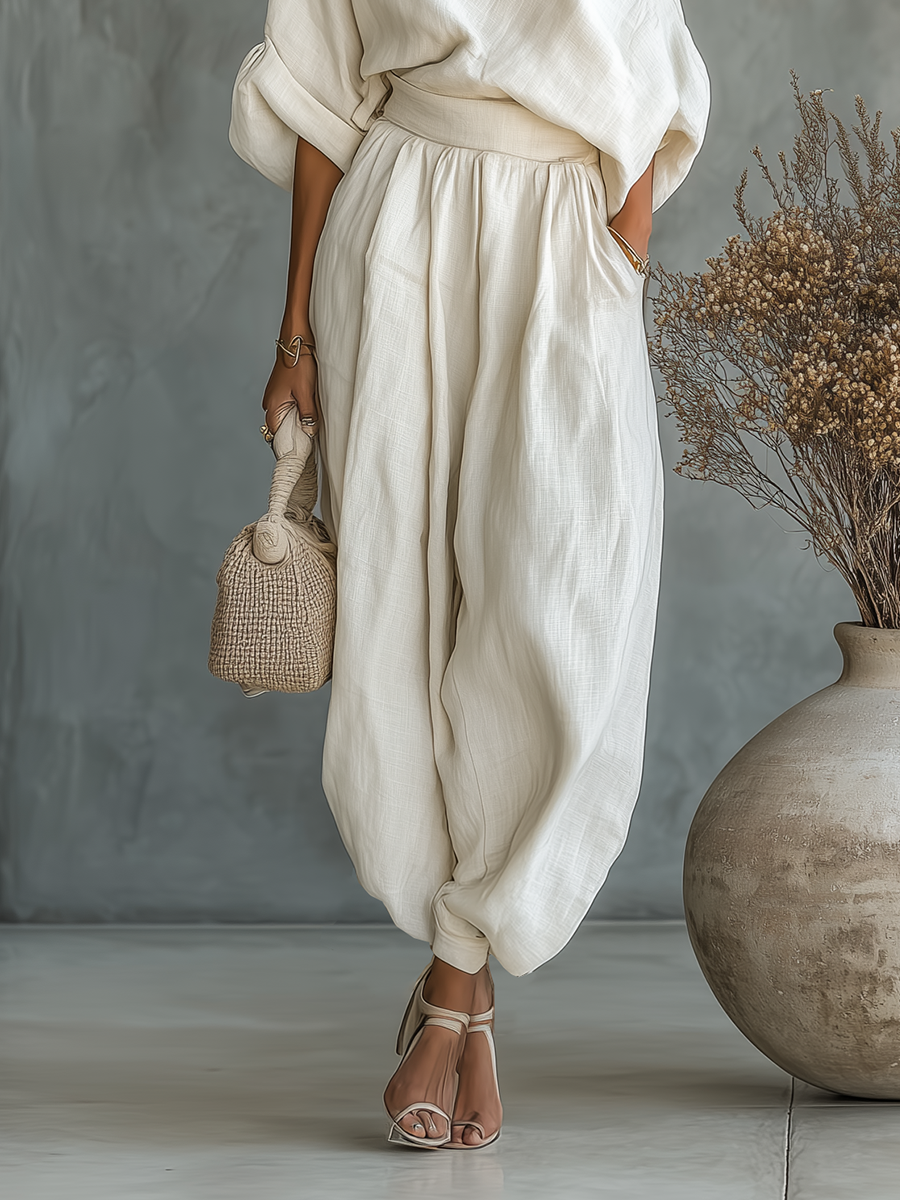 Women’s Off-White Linen Off-Shoulder 2-Piece Set – Relaxed Long Sleeve Top & Tapered Pants Casual Chic Outfit