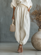 Women’s Off-White Linen Off-Shoulder 2-Piece Set – Relaxed Long Sleeve Top & Tapered Pants Casual Chic Outfit
