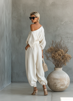 Women’s Off-White Linen Off-Shoulder 2-Piece Set – Relaxed Long Sleeve Top & Tapered Pants Casual Chic Outfit