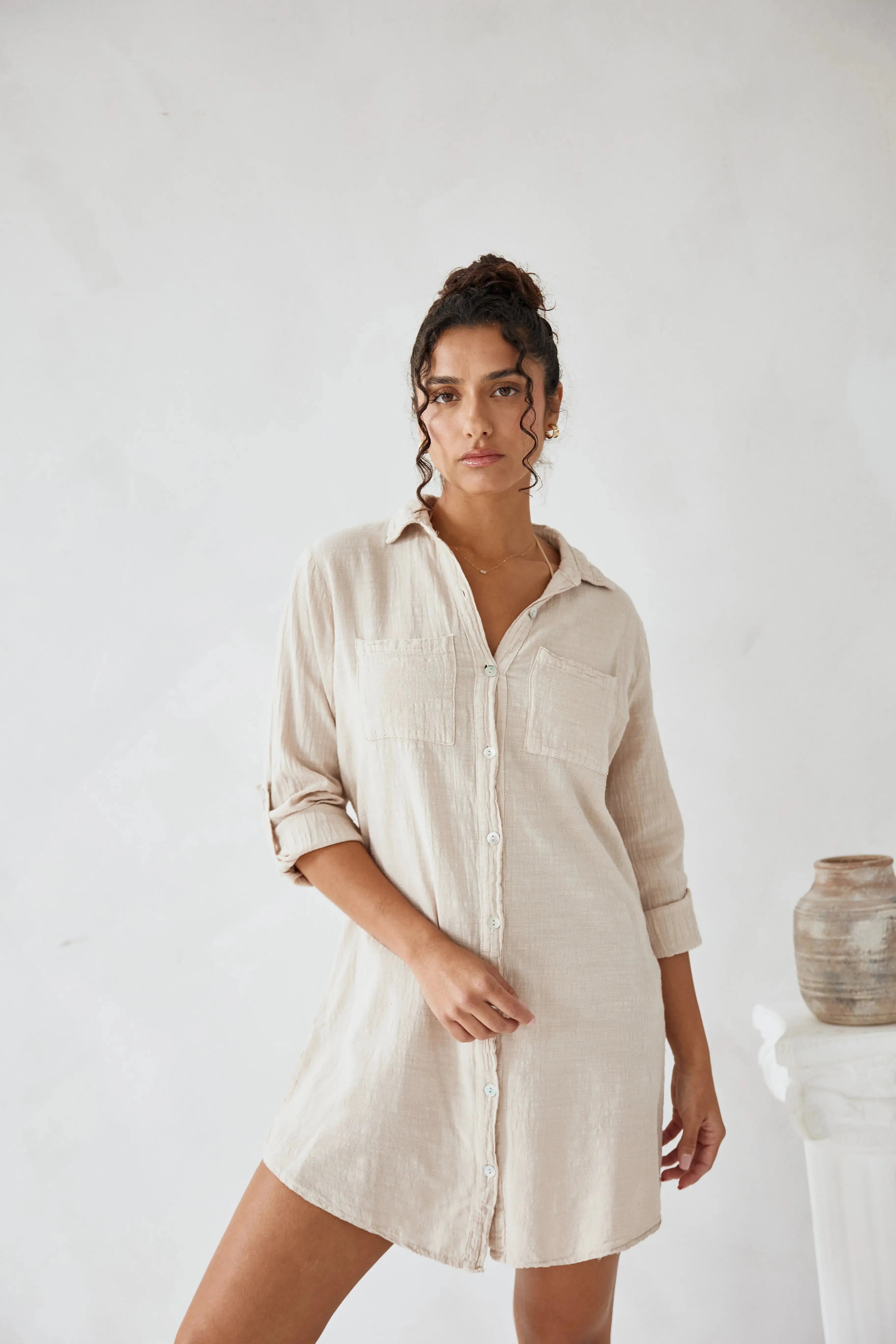 Women’s Oversized Cotton Shirt Dress – Long Sleeve Button Down Beach Cover-Up Casual Knee-Length Dress