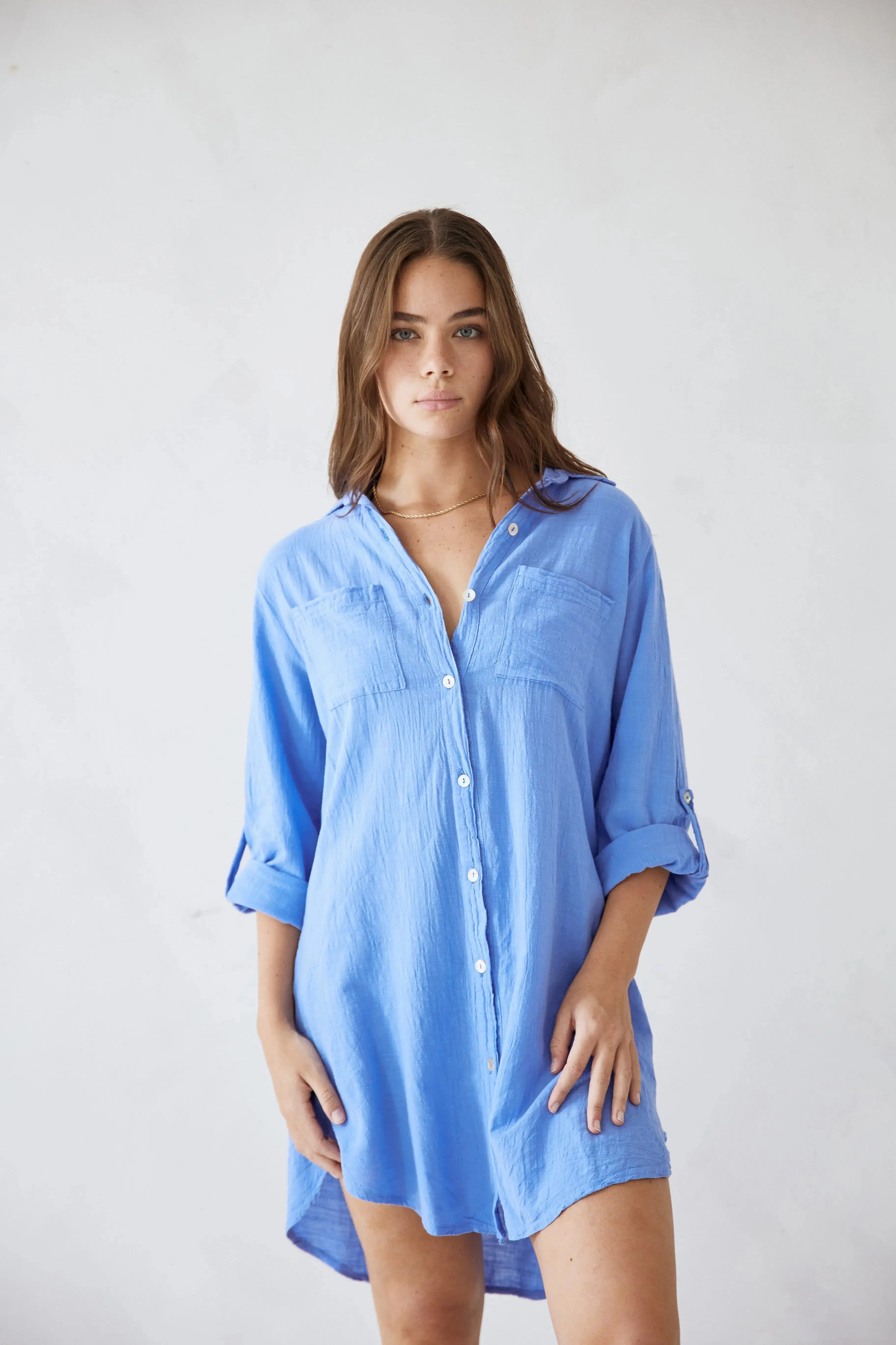 Women’s Oversized Cotton Shirt Dress – Long Sleeve Button Down Beach Cover-Up Casual Knee-Length Dress