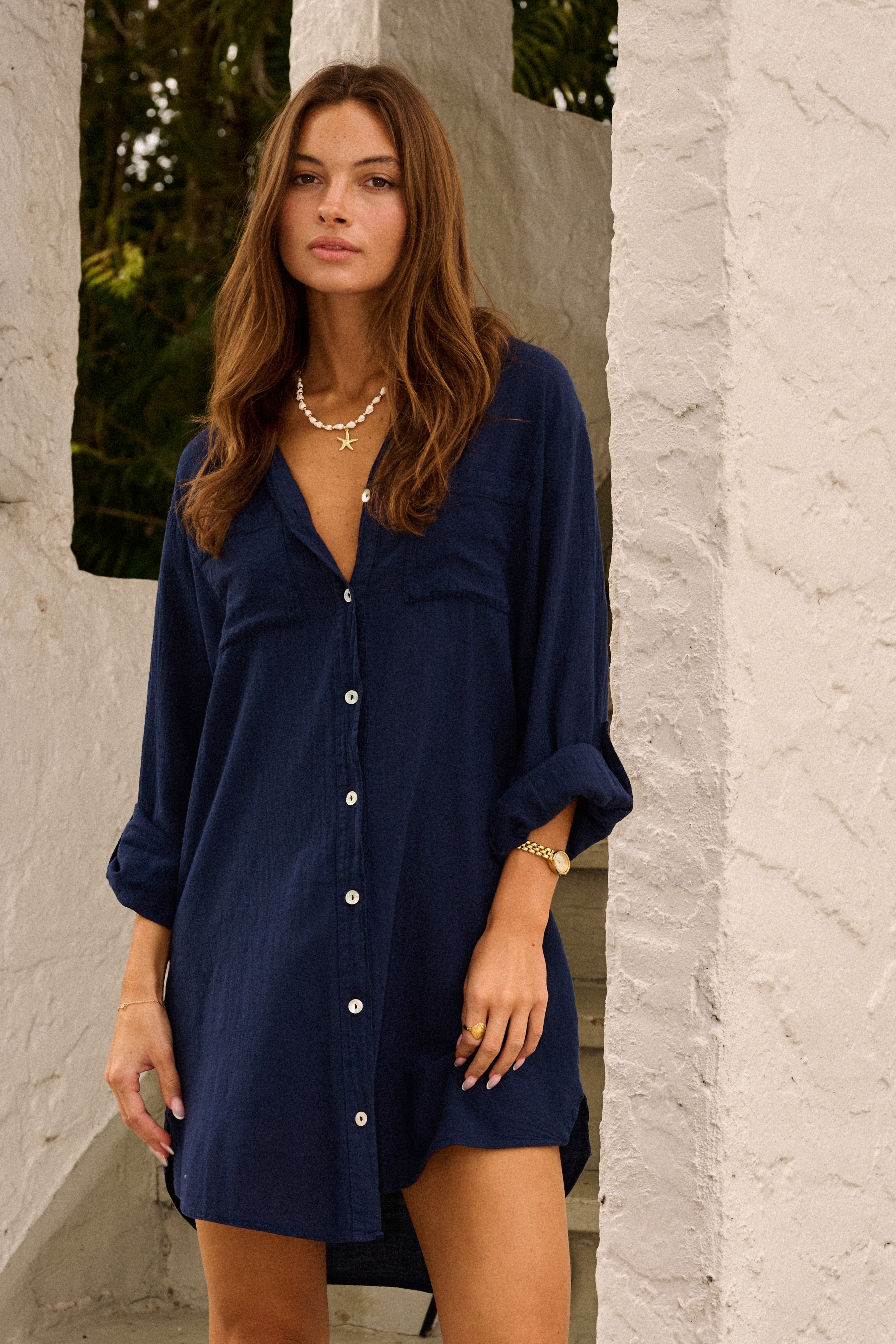 Women’s Oversized Cotton Shirt Dress – Long Sleeve Button Down Beach Cover-Up Casual Knee-Length Dress