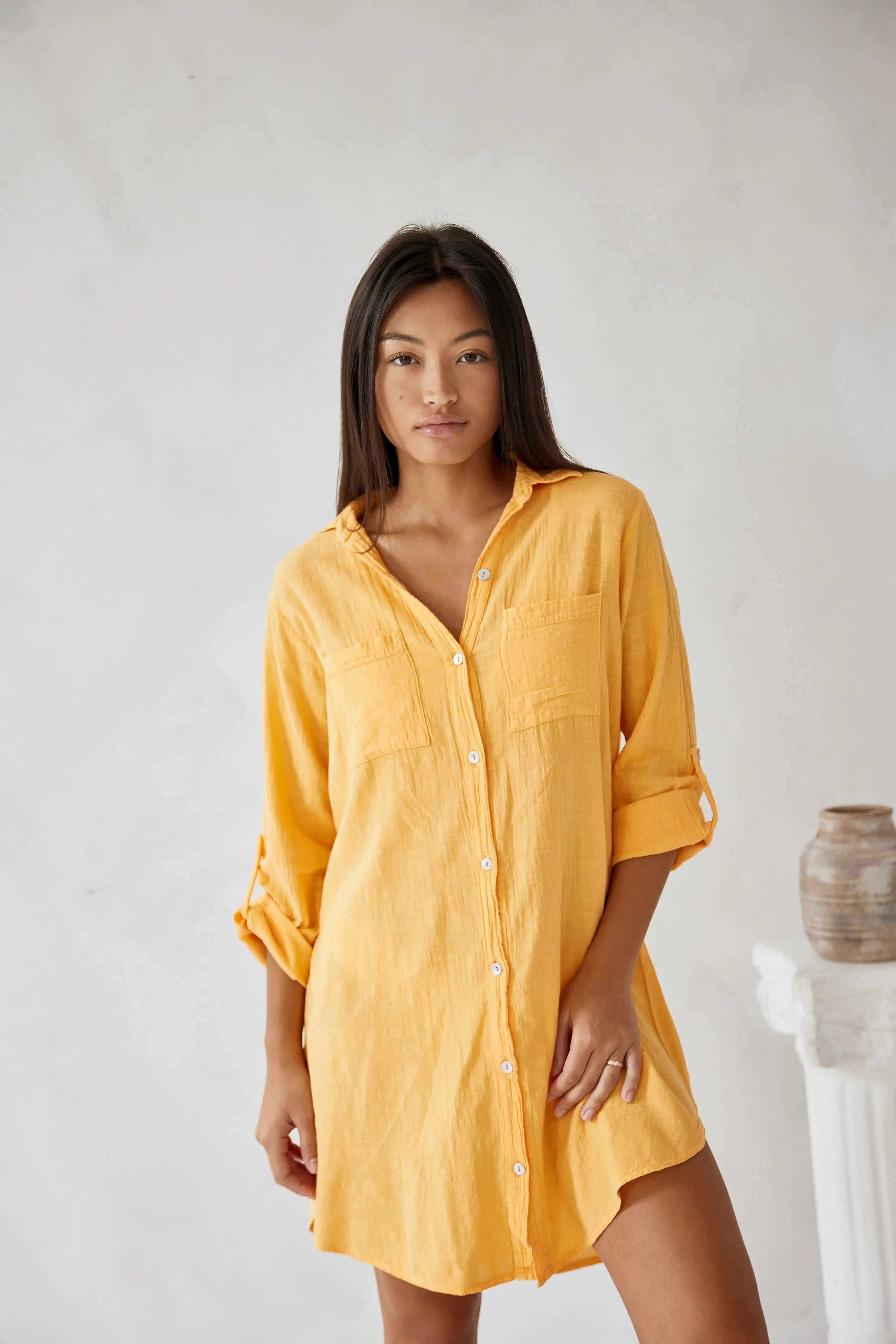 Women’s Oversized Cotton Shirt Dress – Long Sleeve Button Down Beach Cover-Up Casual Knee-Length Dress
