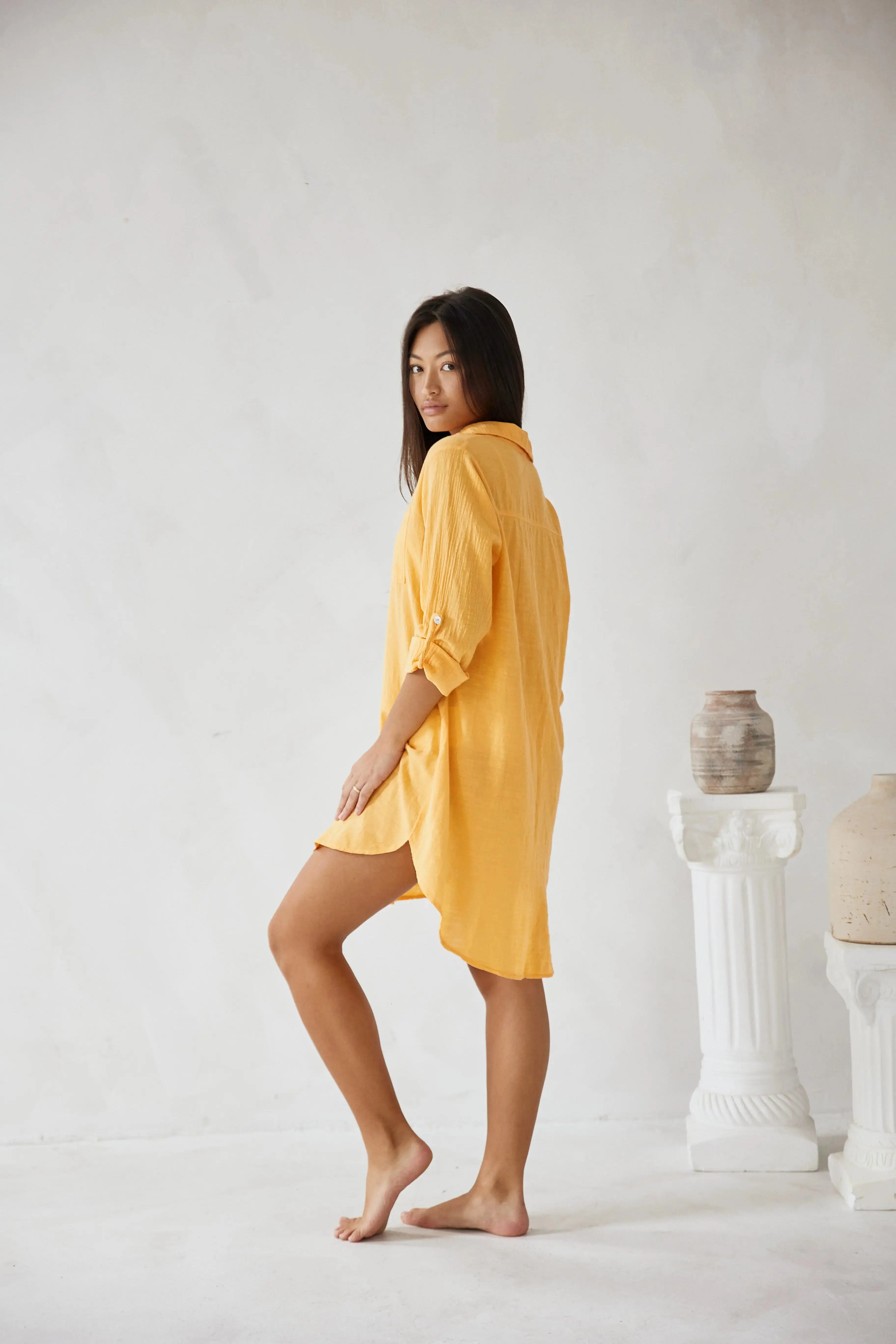 Women’s Oversized Cotton Shirt Dress – Long Sleeve Button Down Beach Cover-Up Casual Knee-Length Dress