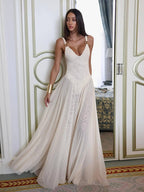 Women’s Deep V Neck Tulle Maxi Dress – Elegant Sleeveless Wedding Guest Gown with Adjustable Straps