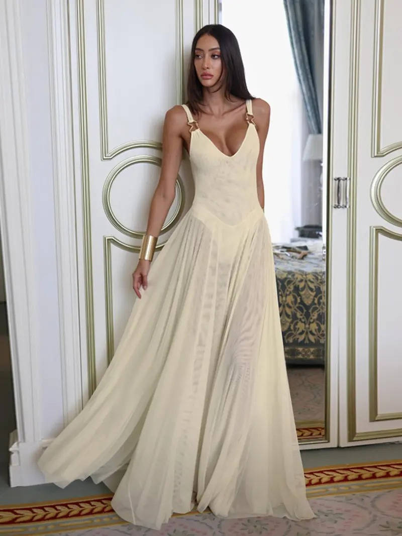 Women’s Deep V Neck Tulle Maxi Dress – Elegant Sleeveless Wedding Guest Gown with Adjustable Straps