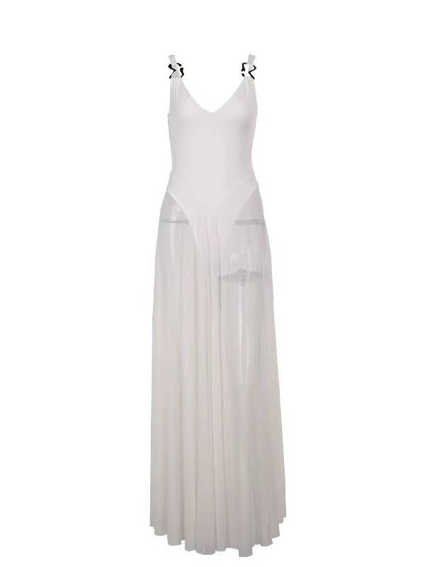 Women’s Deep V Neck Tulle Maxi Dress – Elegant Sleeveless Wedding Guest Gown with Adjustable Straps