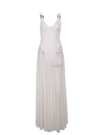 Women’s Deep V Neck Tulle Maxi Dress – Elegant Sleeveless Wedding Guest Gown with Adjustable Straps