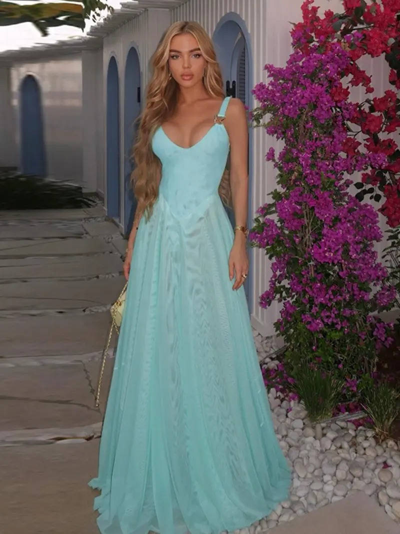 Women’s Deep V Neck Tulle Maxi Dress – Elegant Sleeveless Wedding Guest Gown with Adjustable Straps
