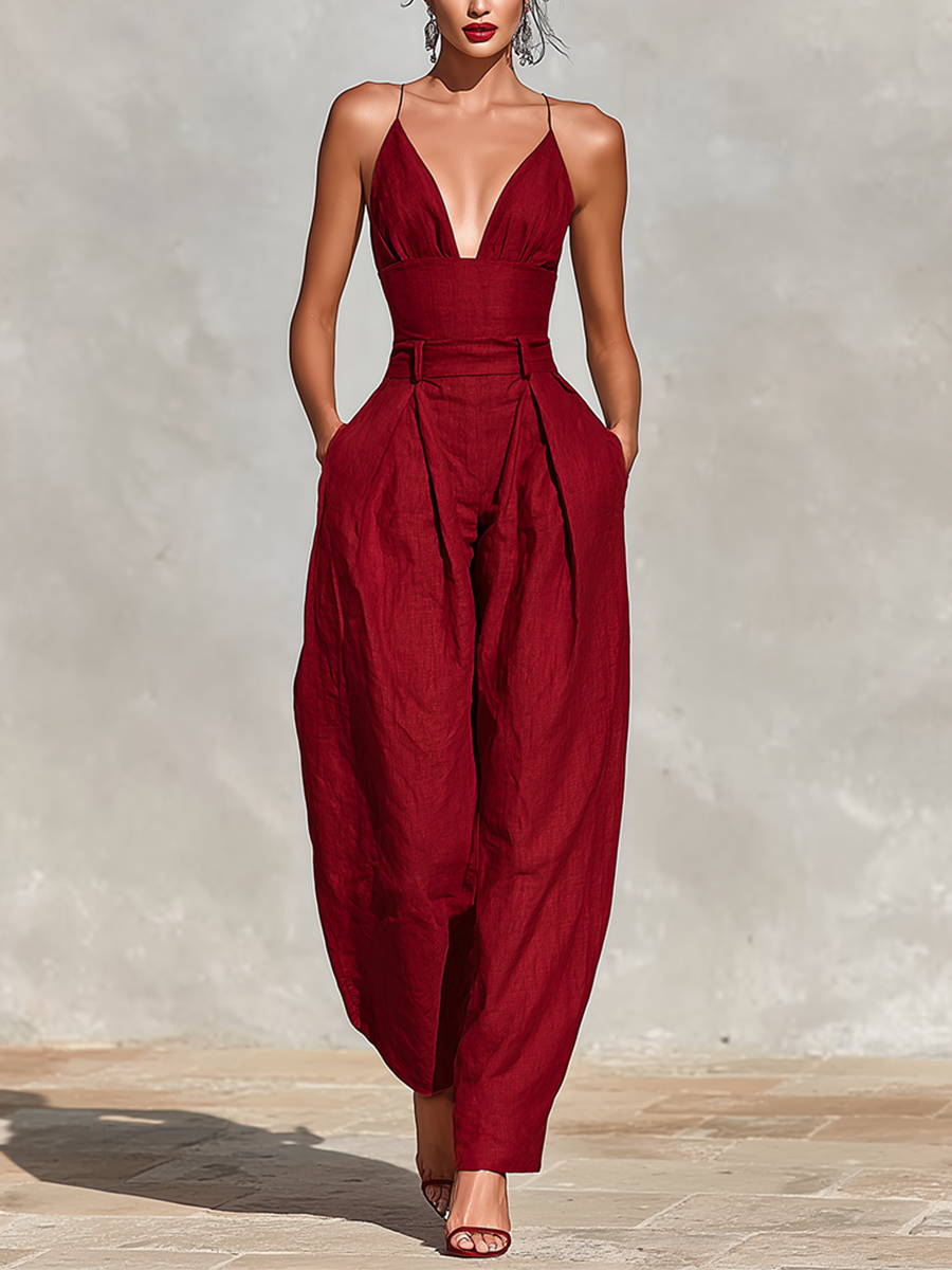 Women’s Red Linen Jumpsuit – V-Neck Spaghetti Strap High-Waisted Pleated Wide Leg One-Piece Outfit