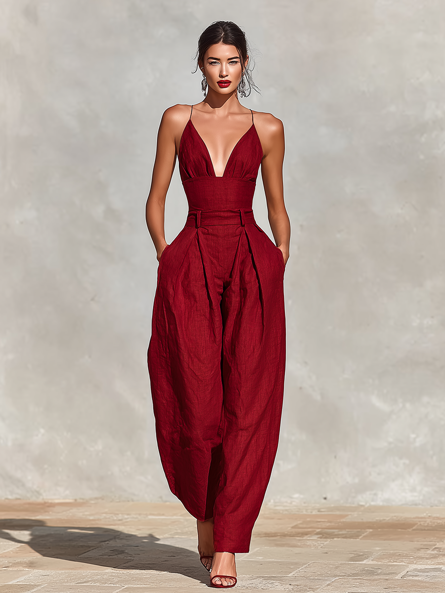 Women’s Red Linen Jumpsuit – V-Neck Spaghetti Strap High-Waisted Pleated Wide Leg One-Piece Outfit