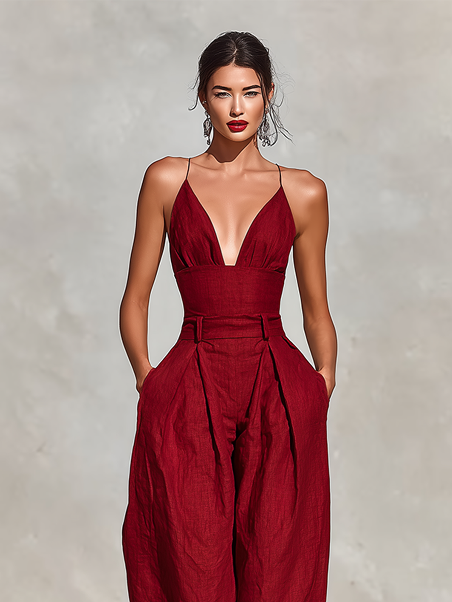 Women’s Red Linen Jumpsuit – V-Neck Spaghetti Strap High-Waisted Pleated Wide Leg One-Piece Outfit