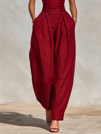 Women’s Red Linen Jumpsuit – V-Neck Spaghetti Strap High-Waisted Pleated Wide Leg One-Piece Outfit