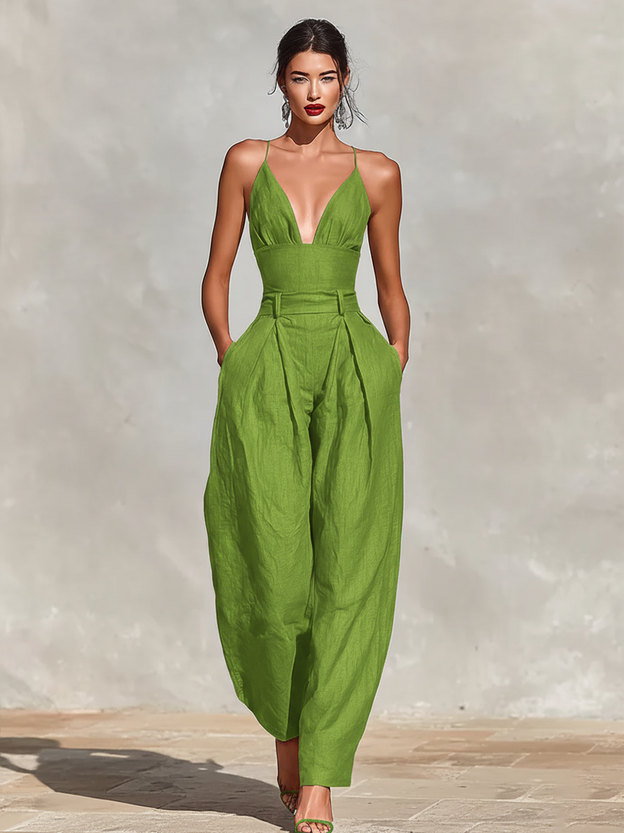 Women’s Red Linen Jumpsuit – V-Neck Spaghetti Strap High-Waisted Pleated Wide Leg One-Piece Outfit