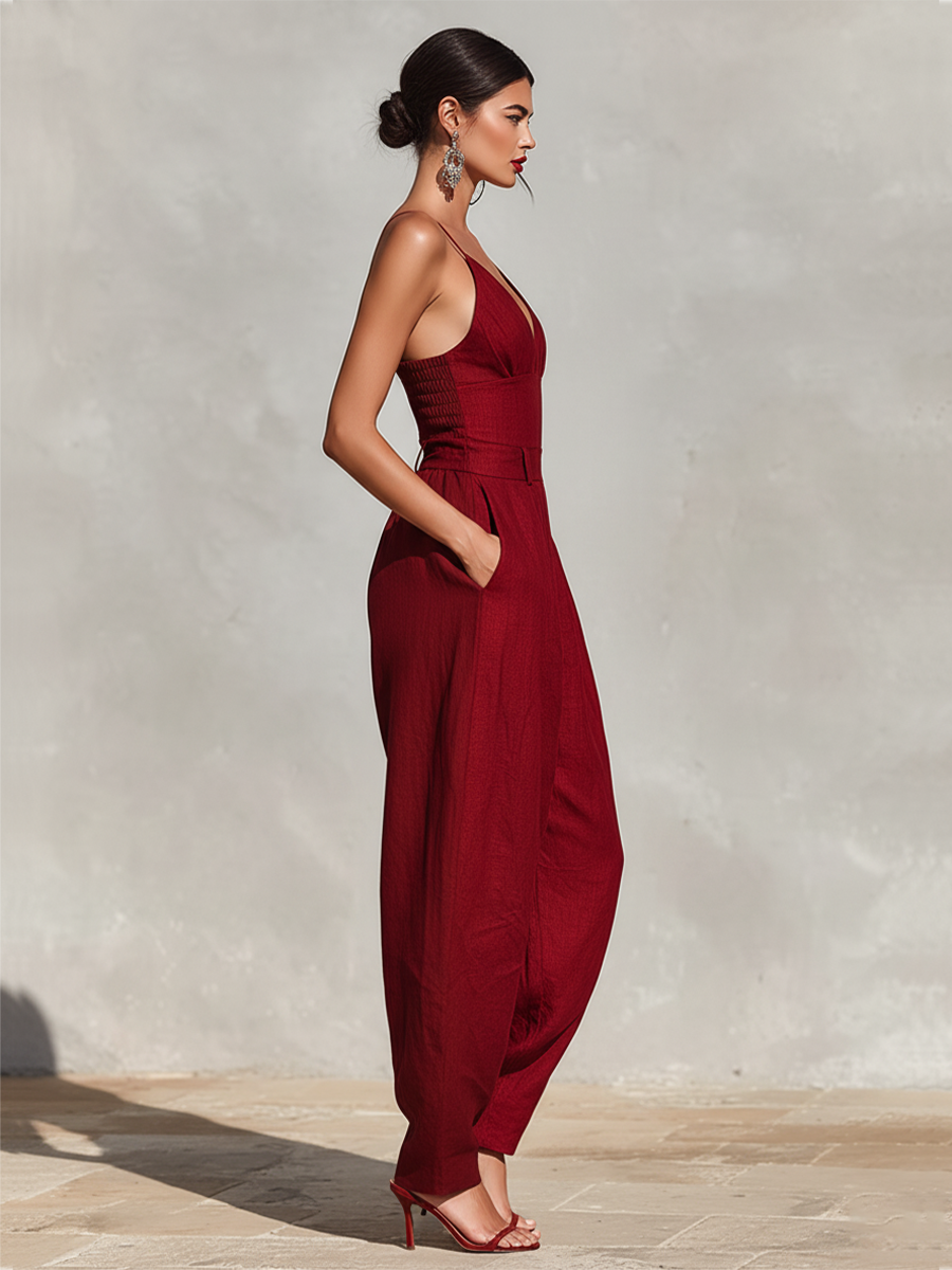 Women’s Red Linen Jumpsuit – V-Neck Spaghetti Strap High-Waisted Pleated Wide Leg One-Piece Outfit
