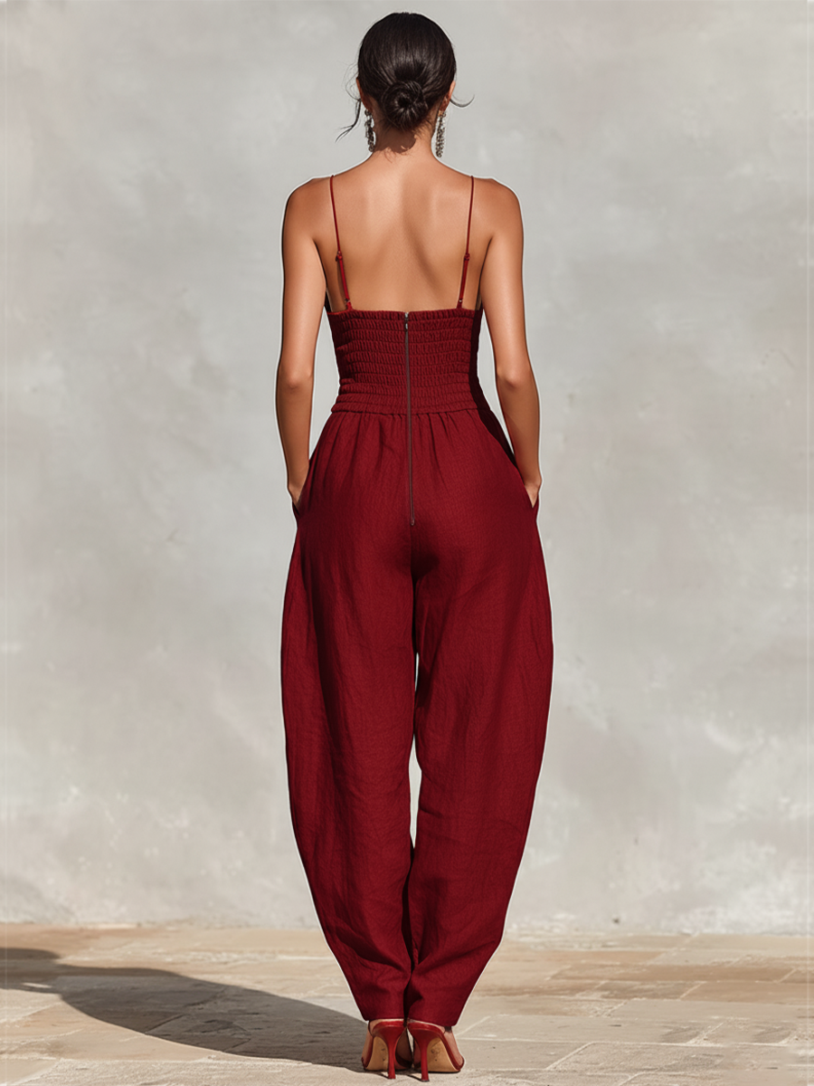 Women’s Red Linen Jumpsuit – V-Neck Spaghetti Strap High-Waisted Pleated Wide Leg One-Piece Outfit