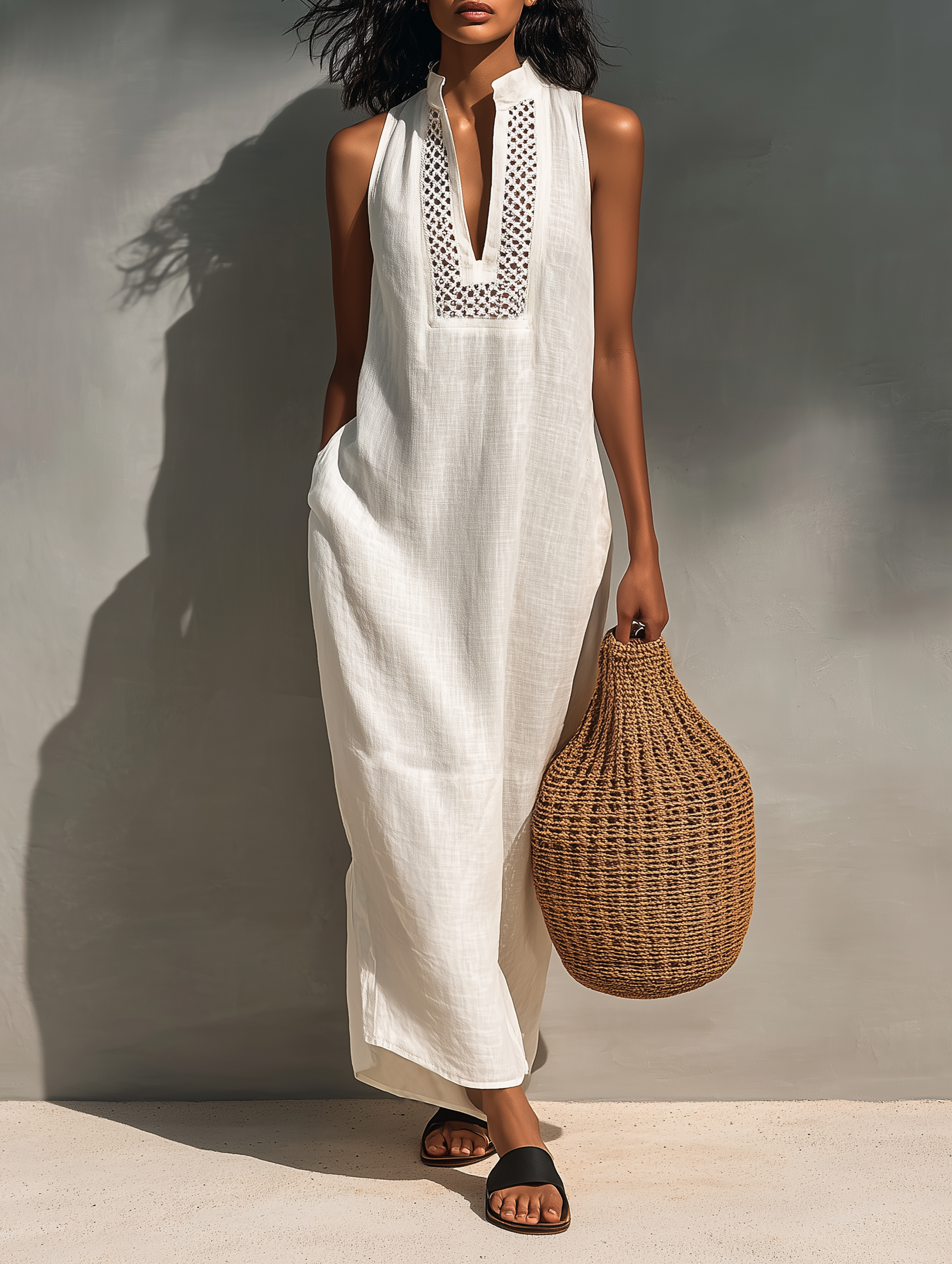 Women’s Sleeveless Cutout Neck Maxi Dress – Modern Minimalist Elegant Casual Summer Dress
