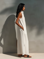 Women’s Sleeveless Cutout Neck Maxi Dress – Modern Minimalist Elegant Casual Summer Dress