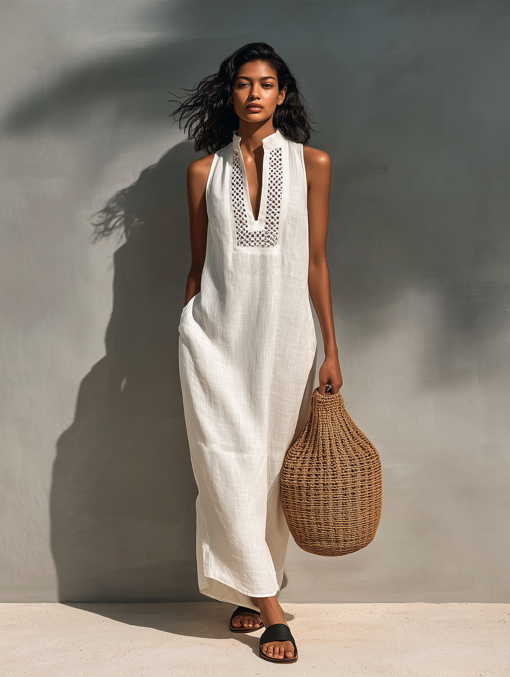 Women’s Sleeveless Cutout Neck Maxi Dress – Modern Minimalist Elegant Casual Summer Dress