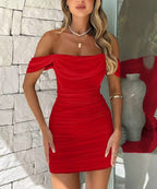 Women’s Off Shoulder Ruched Bodycon Mini Dress – Sexy Slim Fit Party & Club Dress with Mesh Detail