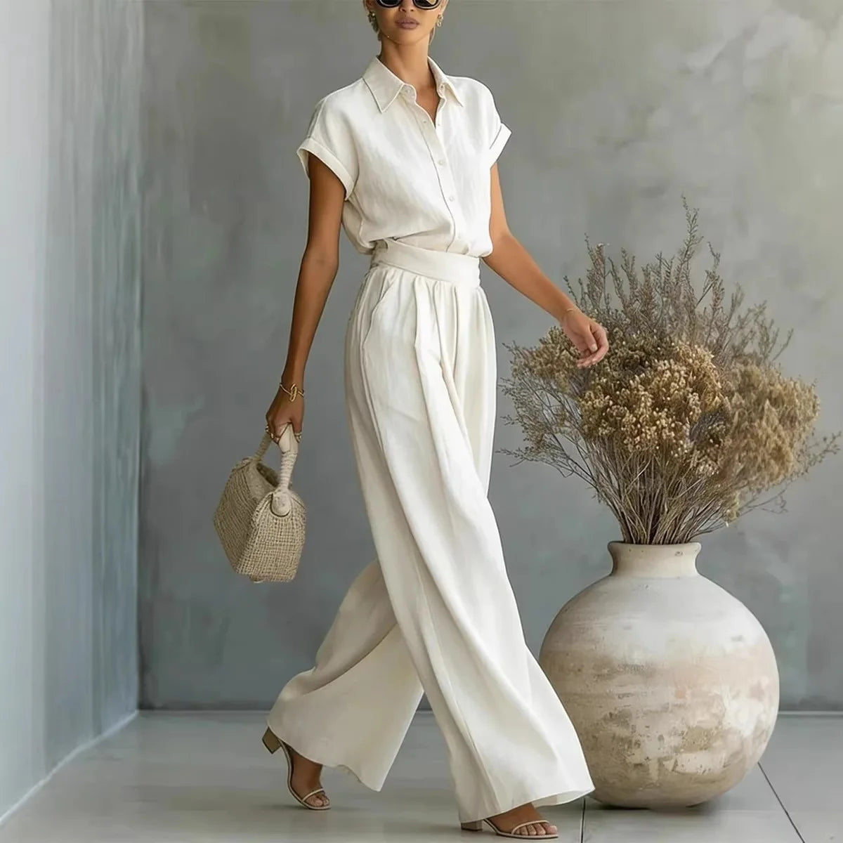 Women’s Solid Color Two-Piece Pants Set – Relaxed Fit Minimalist Co-Ord Outfit