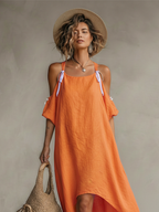Women’s Tangerine Linen Cold Shoulder Dress – Boho High-Low Hem Relaxed Fit Resort Summer Dress