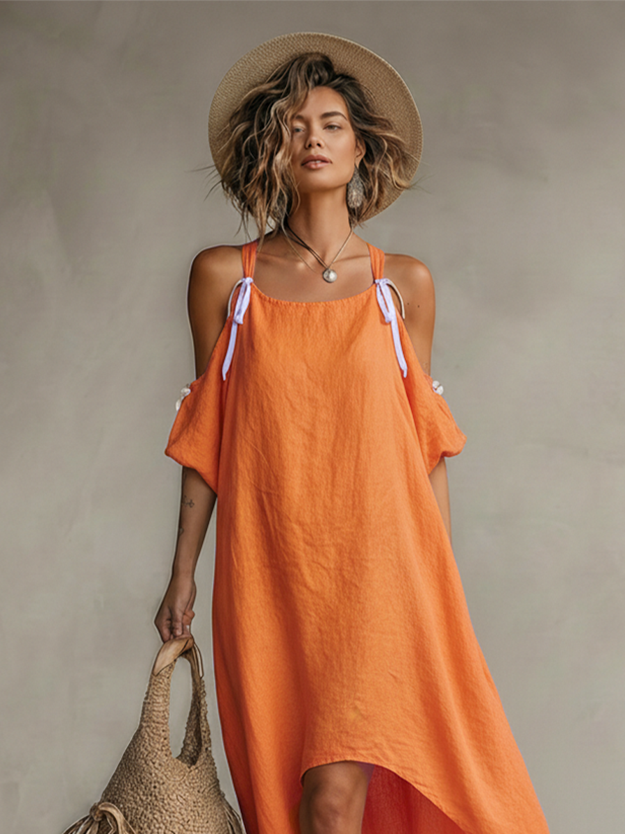 Women’s Tangerine Linen Cold Shoulder Dress – Boho High-Low Hem Relaxed Fit Resort Summer Dress