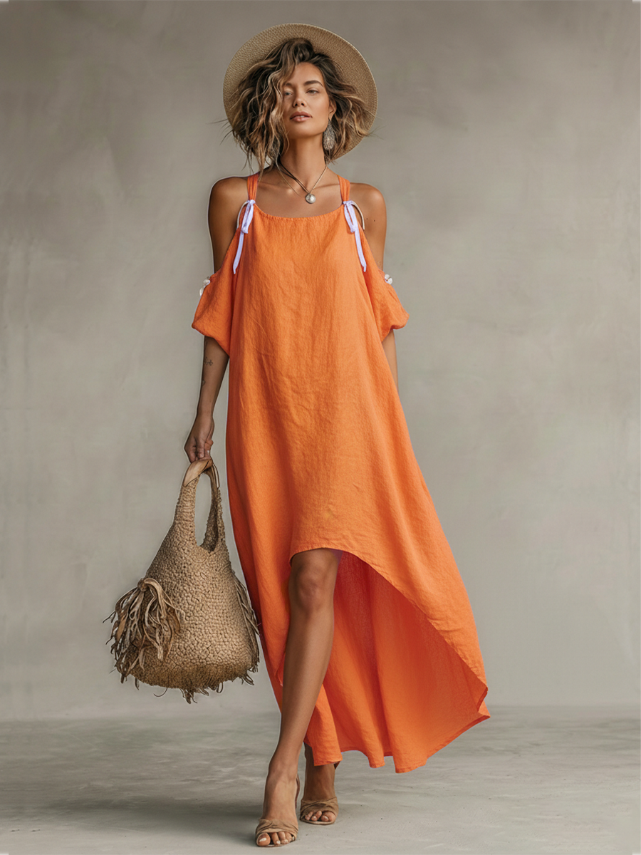 Women’s Tangerine Linen Cold Shoulder Dress – Boho High-Low Hem Relaxed Fit Resort Summer Dress