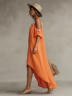 Women’s Tangerine Linen Cold Shoulder Dress – Boho High-Low Hem Relaxed Fit Resort Summer Dress