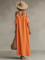 Women’s Tangerine Linen Cold Shoulder Dress – Boho High-Low Hem Relaxed Fit Resort Summer Dress