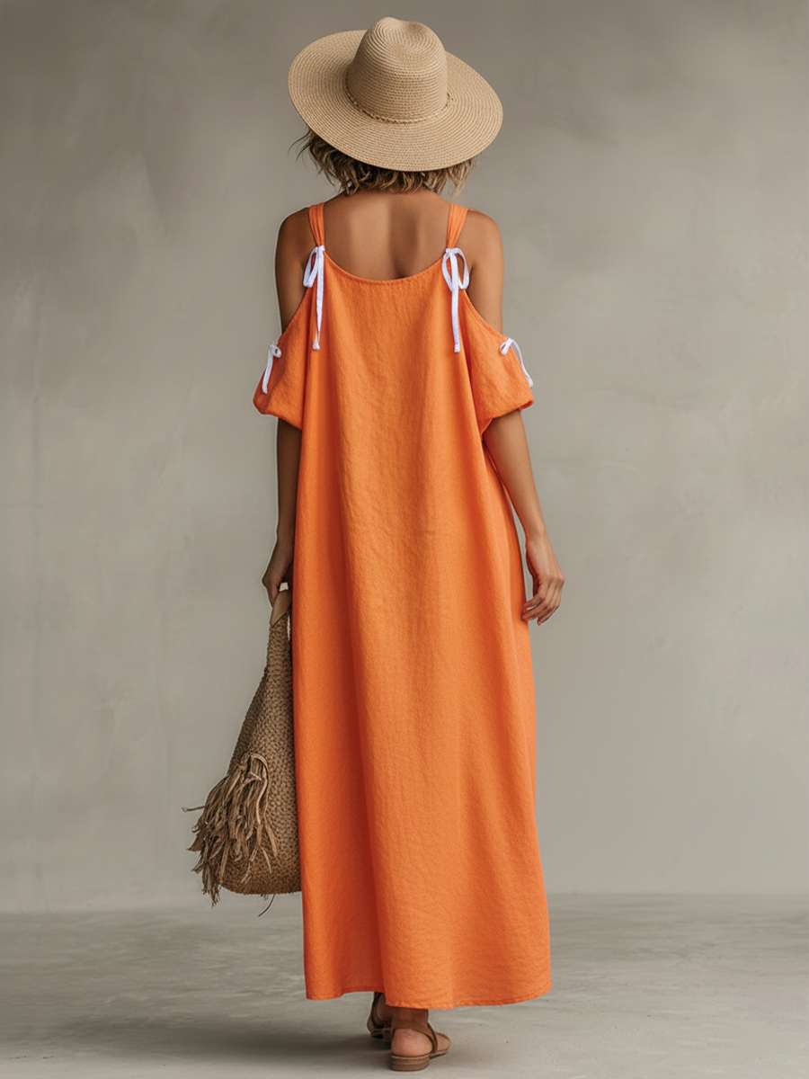 Women’s Tangerine Linen Cold Shoulder Dress – Boho High-Low Hem Relaxed Fit Resort Summer Dress