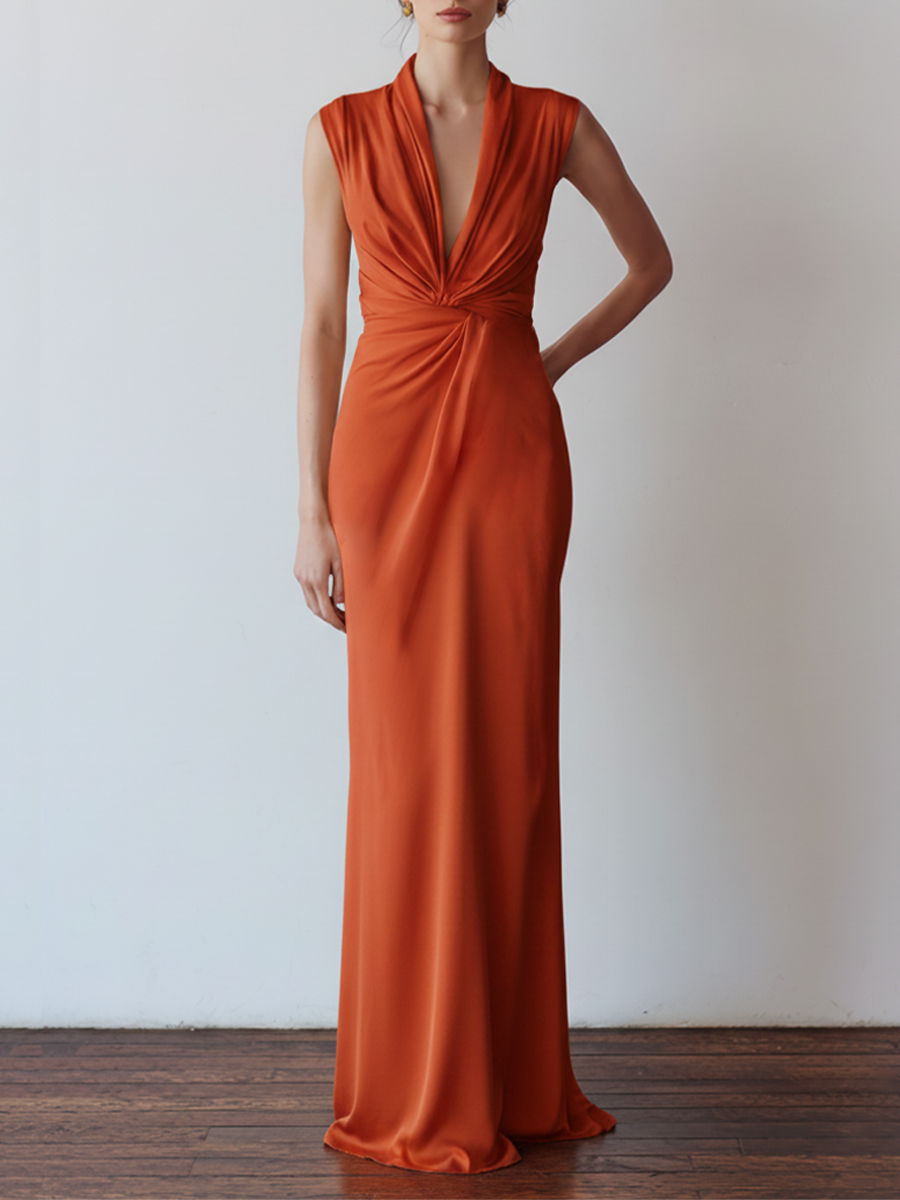 Women’s Terracotta Jersey Column Maxi Dress – Twist Knot Front Bodycon Party Dress with Tailored Silhouette