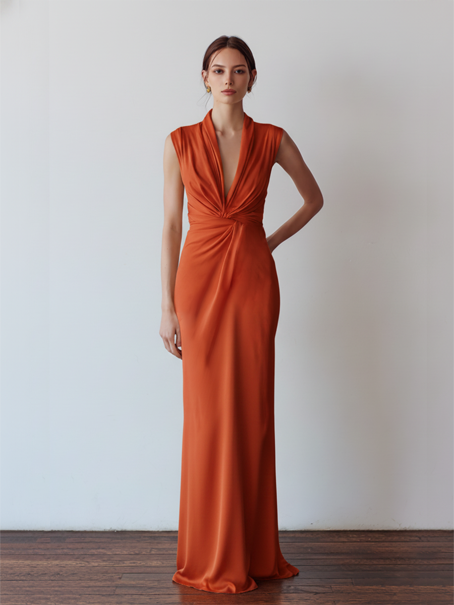 Women’s Terracotta Jersey Column Maxi Dress – Twist Knot Front Bodycon Party Dress with Tailored Silhouette