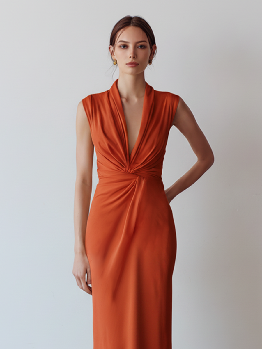 Women’s Terracotta Jersey Column Maxi Dress – Twist Knot Front Bodycon Party Dress with Tailored Silhouette
