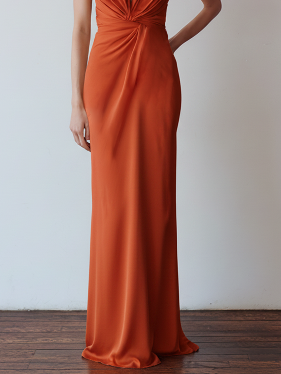 Women’s Terracotta Jersey Column Maxi Dress – Twist Knot Front Bodycon Party Dress with Tailored Silhouette
