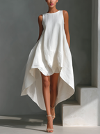 Cascade Asymmetric Hi-Lo Linen Dress  White Sleeveless Sculptural Midi Dress