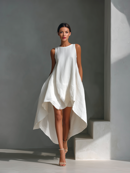 Cascade Asymmetric Hi-Lo Linen Dress  White Sleeveless Sculptural Midi Dress