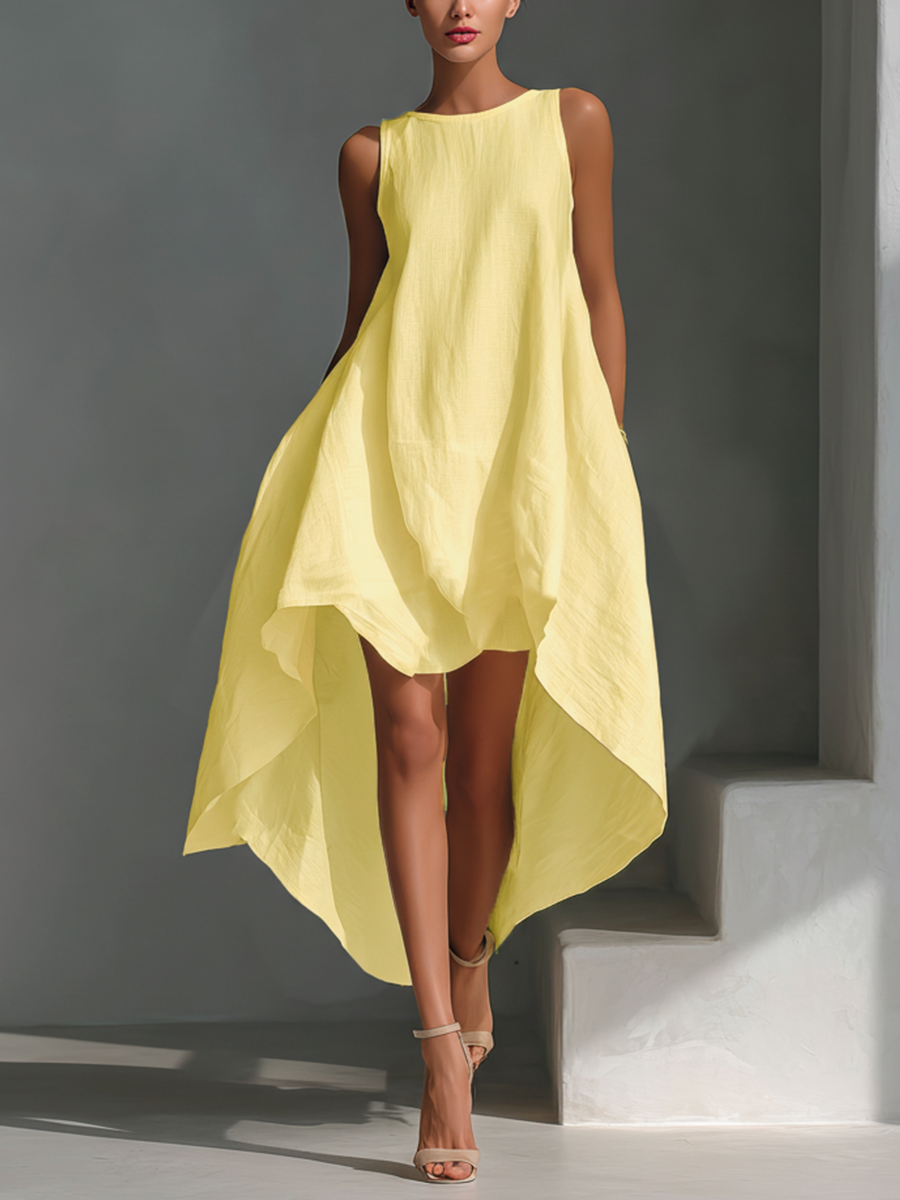 Cascade Asymmetric Hi-Lo Linen Dress  White Sleeveless Sculptural Midi Dress