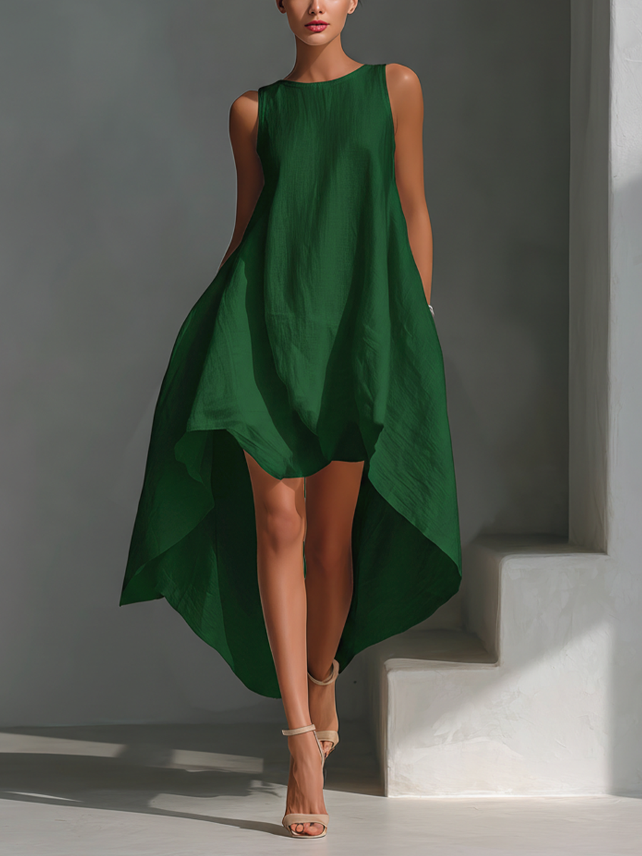 Cascade Asymmetric Hi-Lo Linen Dress  White Sleeveless Sculptural Midi Dress