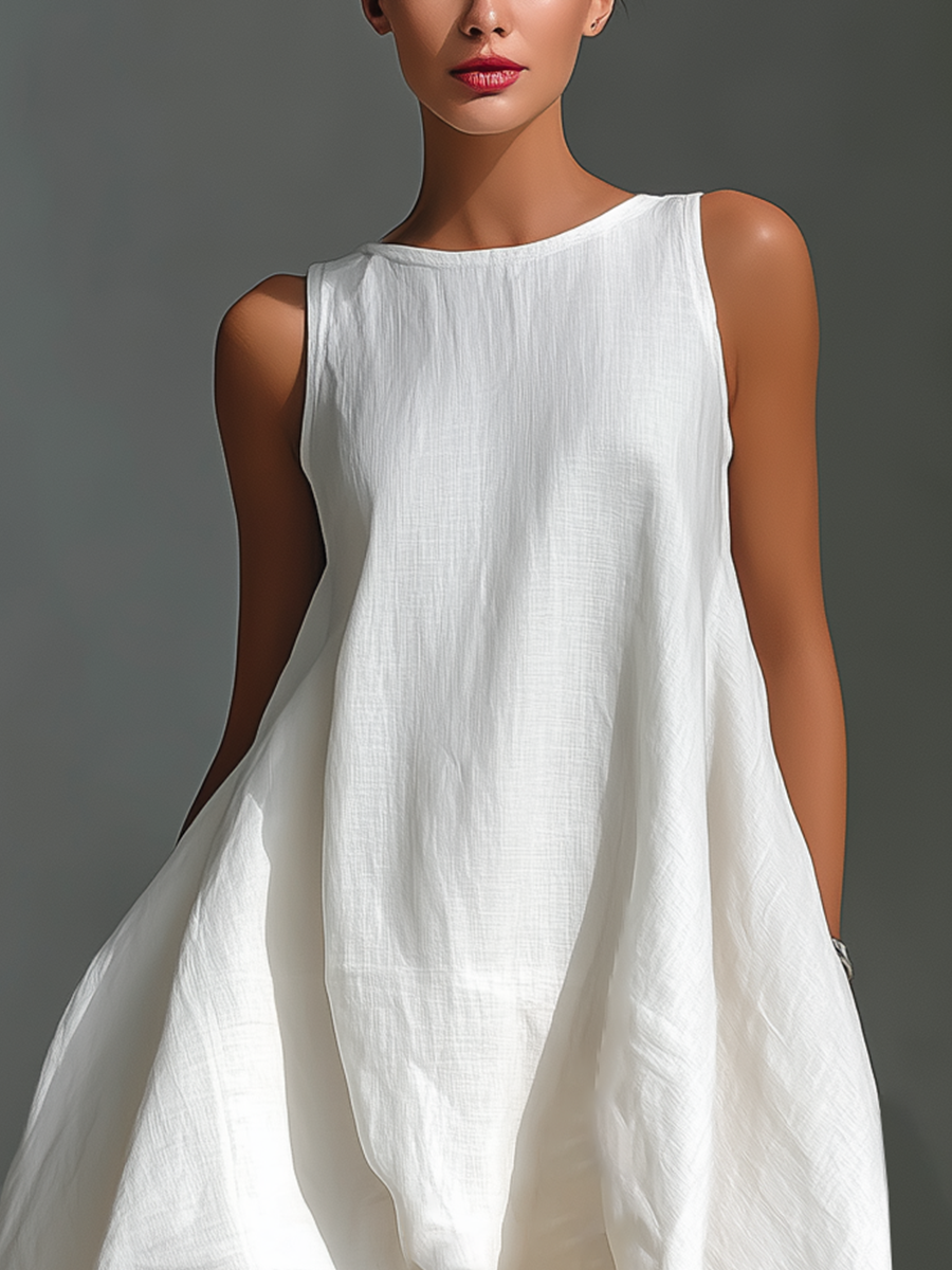 Cascade Asymmetric Hi-Lo Linen Dress  White Sleeveless Sculptural Midi Dress