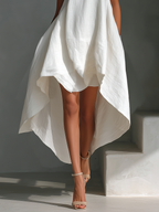 Cascade Asymmetric Hi-Lo Linen Dress  White Sleeveless Sculptural Midi Dress